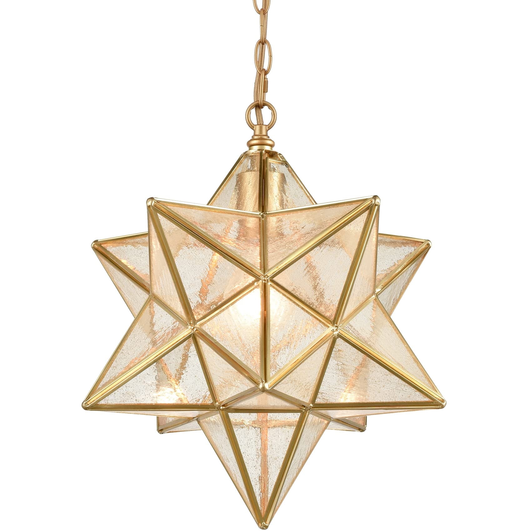 Brass Moravian Star Pendant Light 14-inch Seeded Glass Shade
