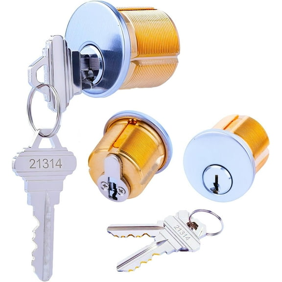 Brass Mortise Door Cylinder Lock, 1 1/8"Inch Length Keyed Standard with 4 SC Keyway, Standard Commercial Door Replacement Lock Mortise Cylinder 2 Pack for Aluminum Door