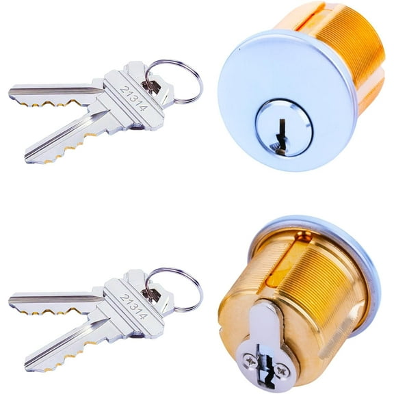 Brass Mortise Door Cylinder Locks Keyed Alike with 4 SC Keyway Keys, Commercial Door Replacement Lock Mortise Cylinder for Adams Rite, Kawneer, and Vistawall deadbolts (2 Pack-1 1/8" inch-Silver)