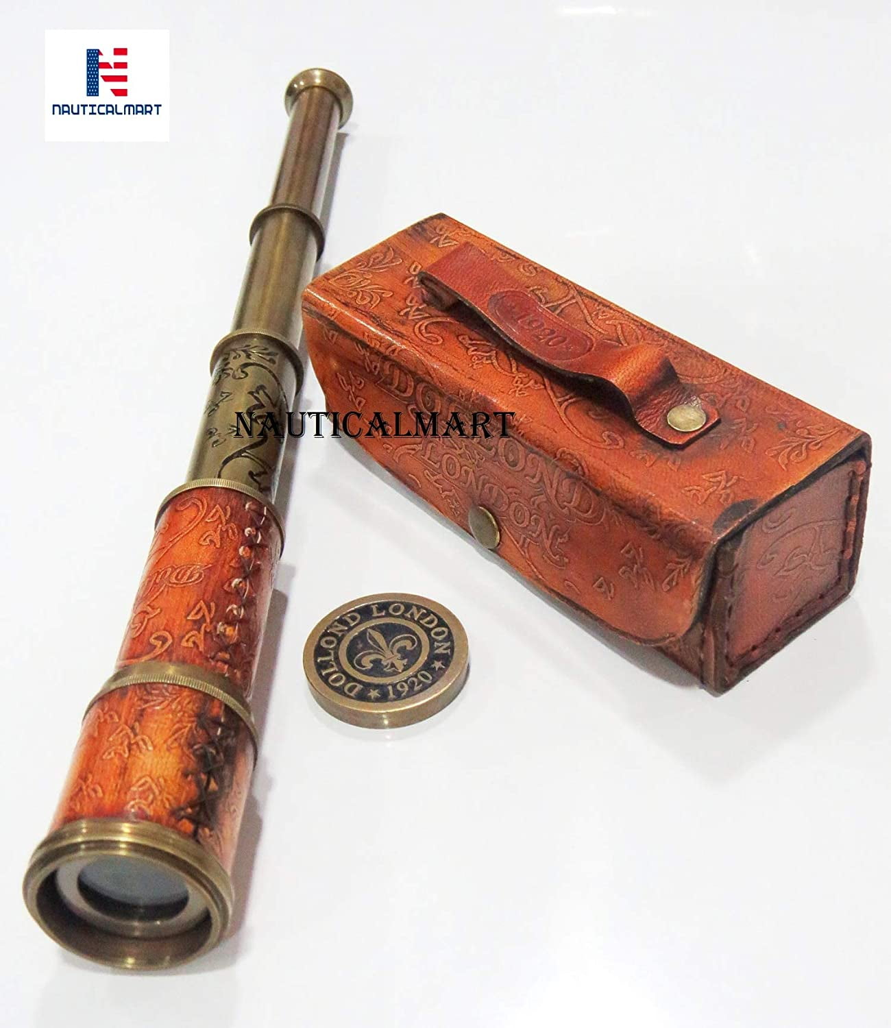 Brass Nautical Telescope Replica With Wooden Box - 15 Inch Extendable Spyglass With Glass Optics