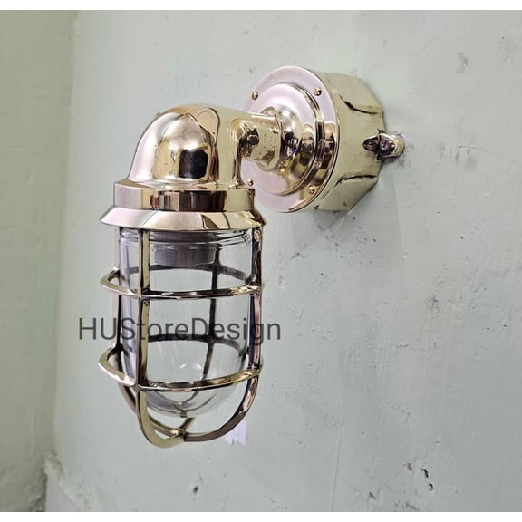 Brass Nautical Cage Wall Light  Vintage Marine Bulkhead Sconce Ship Light for Bathroom, Porch, Bar, or Coastal Decor