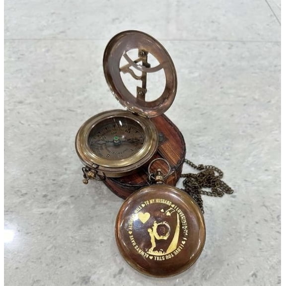 Brass Nautical Sundial Compass with Leather Case and Chain - Push Open Steampunk Accessory, Unique Gift for Men - Beautiful Handmade Sundial Clock to My Husband