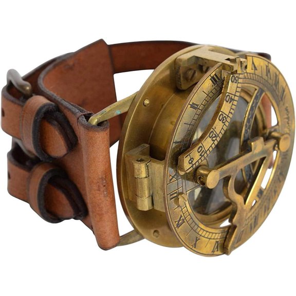 Brass Nautical Vintage Directional Magnetic 3" Sundial Clock, Wrist Marine Compass Navigation Steampunk Baptism Gifts Leather Wrist Watch for Loved Ones