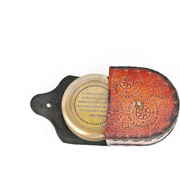 Brass Nautical - Not All Those Who Wander are Lost Brass Gift Engraved Compass with Leather case, Graduation Day Baptism Communion Confirmation Day Motivational LOTR J.R.R. Tolkien