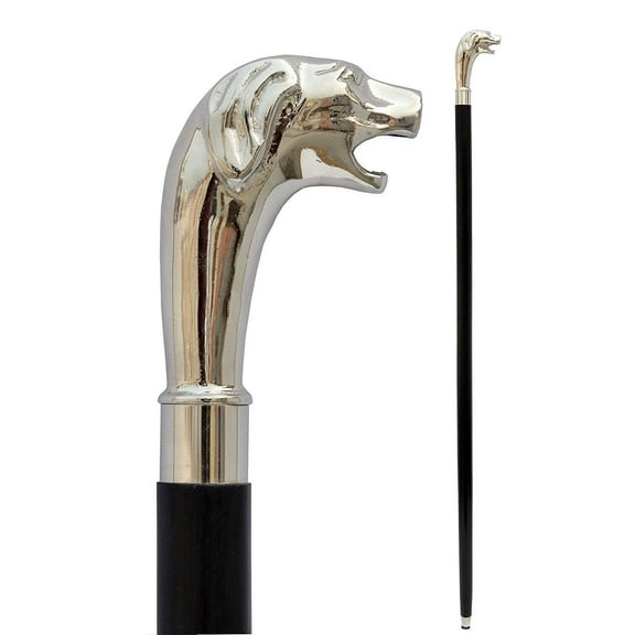 Brass Nautical Wooden Walking Stick Dog Head Handle Chrome Finish