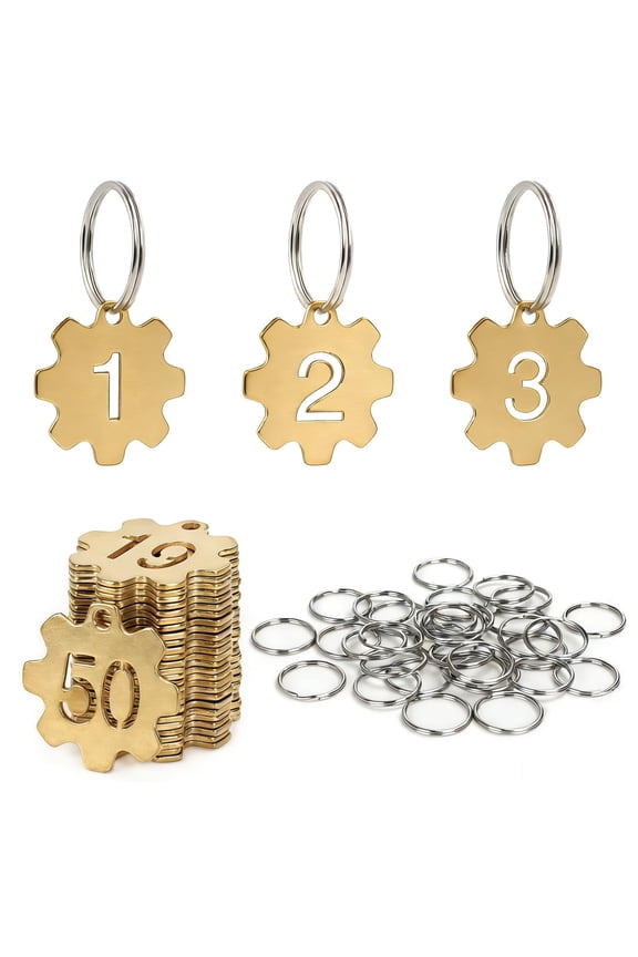 Brass Number Tags Gear Shape with Key Ring – Hollow Cut Numbered Key Tag for Keys, Lockers, Storage, Equipment – Solid Brass ID Labels with Stainless Steel Rings - 1 to 10