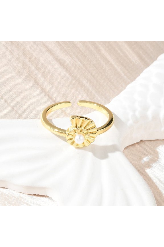 Brass Open Cuff Rings for Women Conch with ABS Imitation Pearl Rack Plating Lead Free & Cadmium Free Long-Lasting Plated Real 18K golden Plated Inner Diameter: 16mm