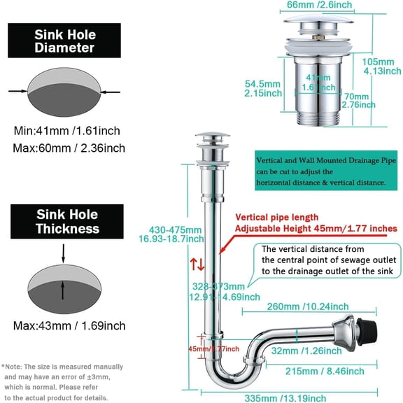 Brass P Trap with Pop Up Drain Stopper,U-Shape 1 1/4 Slip Joint Extension Tub Sink Drain Pipe,12 inch Pipe length Adjustable Height Sink Waste Trap Drain Kit,Chrome(Without Overflow)