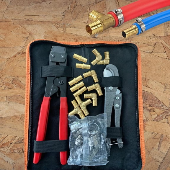 Brass PEX Fittings All-in-One Kit with Cinch Tool, Pipe Cutter & Clamps for 1/2 Inch Plumbing Repairs