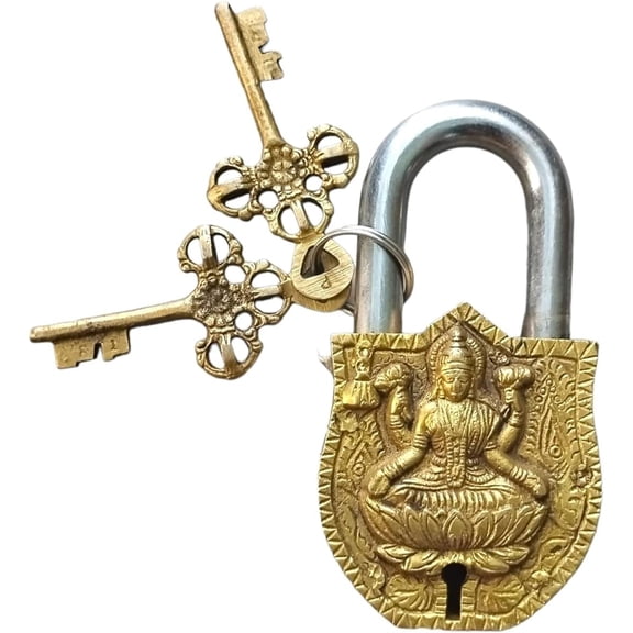Brass Padlock Laxmi Carved on Lock with Key Set Padlock for home/ office