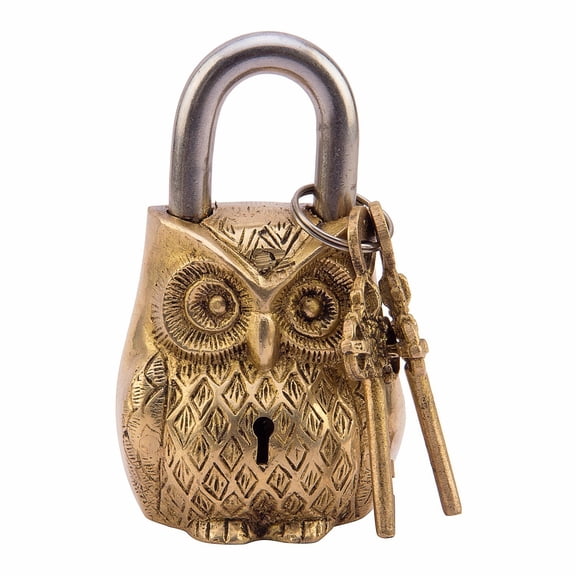 Brass Padlock - Lock with Keys - Working Functional - Brass Made - Type : (OWL - Brass Finish)