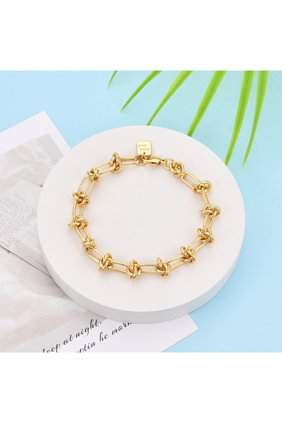 Brass Paperclip Chain Bracelets for Women with Knot Good Luck Stamp Nickel Free Real 18K Gold Plated 8-1/4 inch(21cm)