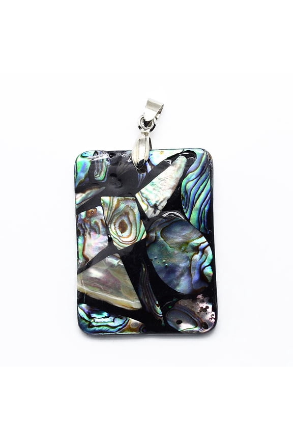 Brass Paua Shell Rectangle Pendants Undyed Platinum 41x31x4mm Hole: 4x6mm