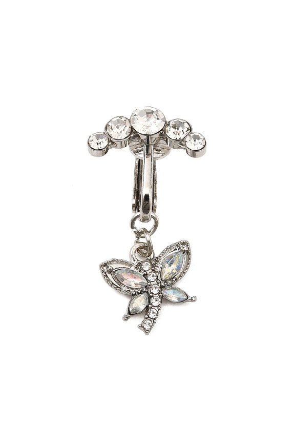 Brass Pave Clear Cubic Zirconia Clip on Belly Rings with 304 Stainless Steel Clasps Platinum Dragonfly 35mm