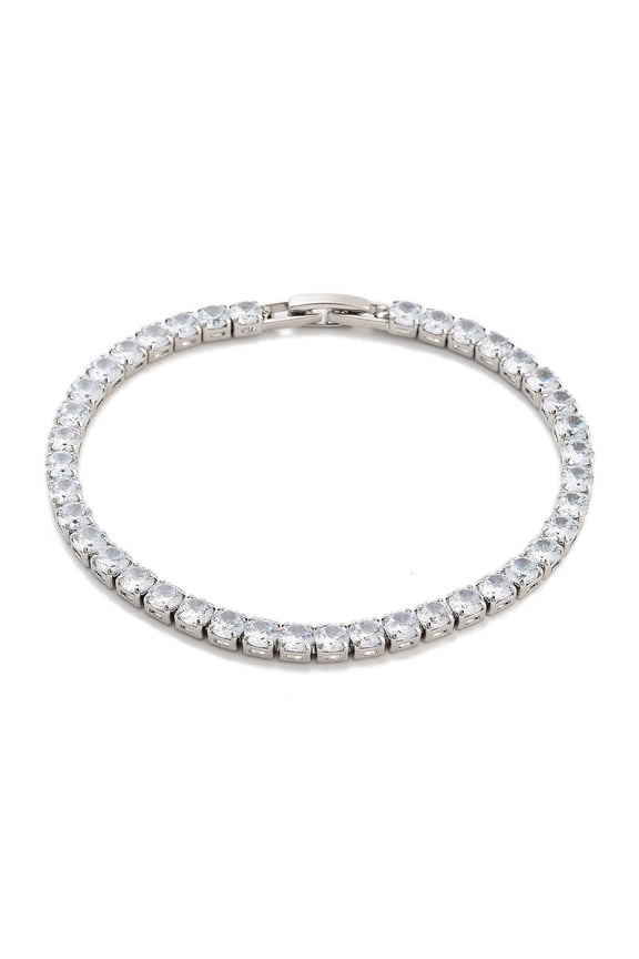 Brass Pave Clear Cubic Zirconia Flat Round Link Bracelets Nickle Free Long-Lasting Plated Platinum 7-1/8 inch(18.2cm)