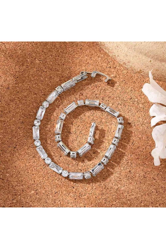 Brass Pave Clear Cubic Zirconia Rectangle & Flat Round Link Bracelets Nickle Free Long-Lasting Plated Platinum 7-1/4 inch(18.4cm)