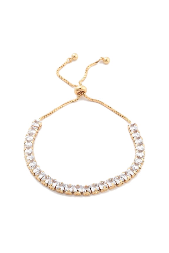 Brass Pave Clear Cubic Zirconia Square Box Chain Slider Bracelets Nickle Free Long-Lasting Plated Golden 10-1/2 inch(26.8cm) DIY