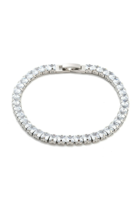 Brass Pave Clear Cubic Zirconia Square Link Bracelets Nickle Free Long-Lasting Plated Platinum 7-1/8 inch(18.2cm)