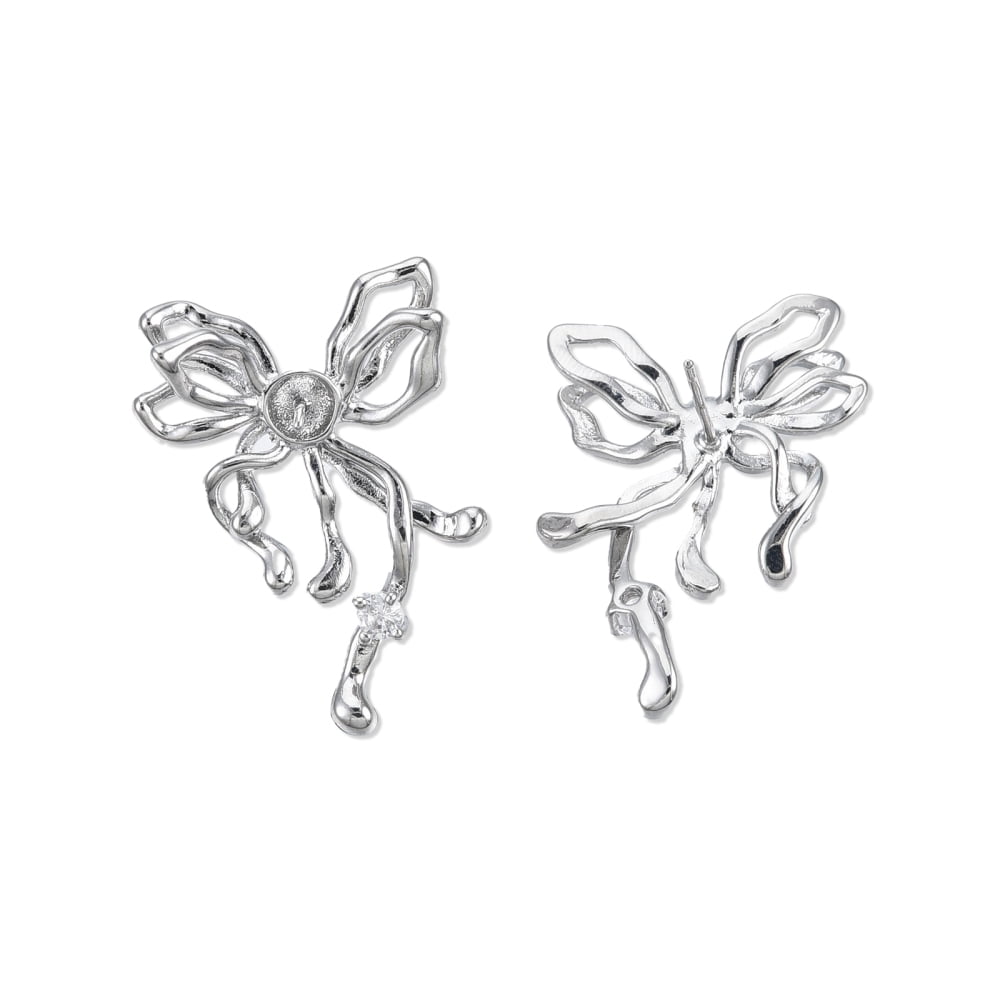 Brass Pave Clear Cubic Zirconia Stud Earring Findings for Half Drilled Beads Cadmium Free & Nickel Free & Lead Free Butterfly Platinum 29x23mm Hole: 1.6mm Pin: 0.8mm
