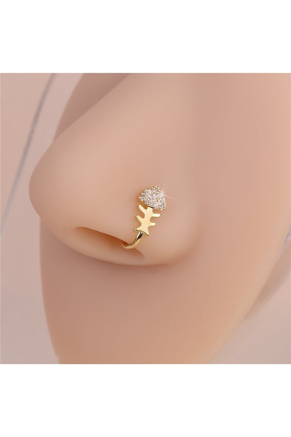 Brass Pave Clear Cubic Zirconia U Shaped Clip on Nose Rings Golden Fish Bone 11mm