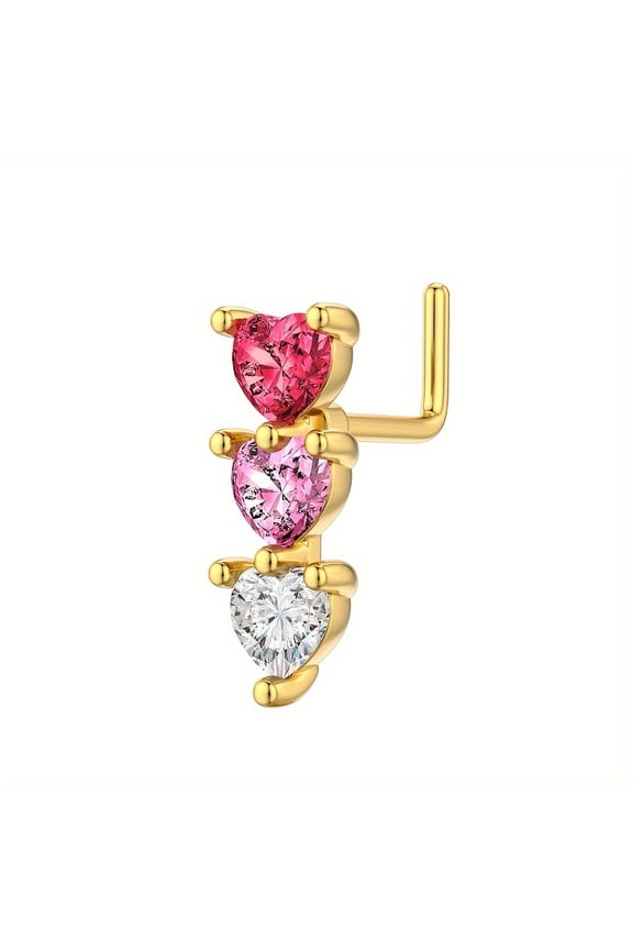 Brass Pave Colorful Cubic Zirconia L-Shaped Nose Rings Golden Heart 5-24x4-9mm