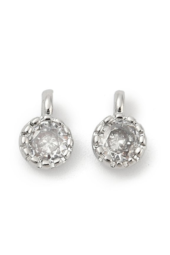 Brass Pave Cubic Zirconia Pendants Single Stone Charms Flat Round Rack Plating Long-Lasting Plated Platinum Clear 6.5-7x4.5-5x3mm Hole: 1mm