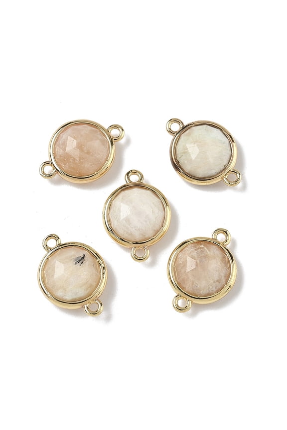 Brass Pave Natural Moonstone Faceted Flat Round Connector Charms Rack Plating Long-Lasting Plated Golden 12x17.5x5.5mm Hole: 1.4mm for diy