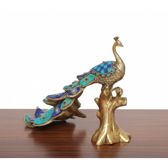 Brass Peacock Sitting on Tree Trunk with Stonework  Decorative Idol for Home & Gift