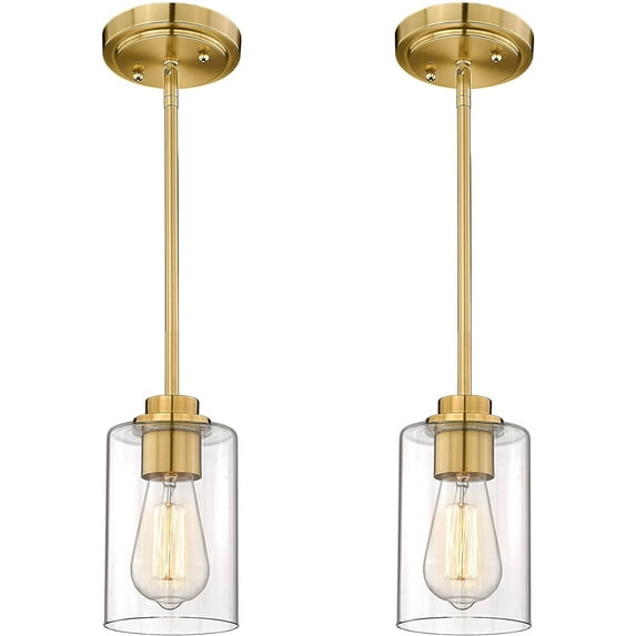 Brass Pendant Lights Kitchen Island 2 Pack, Farmhouse Gold Pendant Lighting with Clear Glass Shade, Mini Hanging Light Fixture for Kitchen Sink Dining, AD-22281-1P2-GD-C