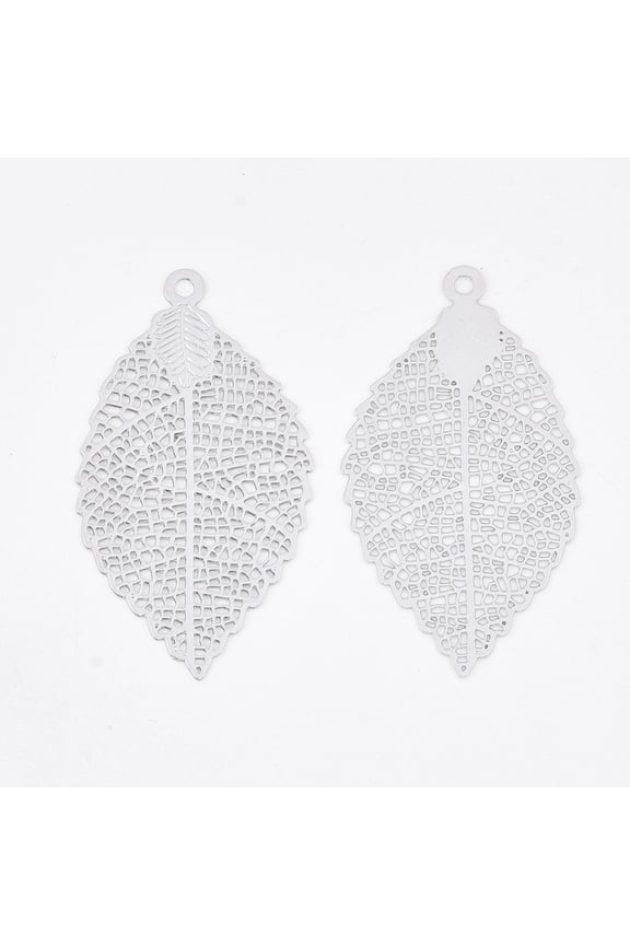 Brass Pendants Etched Metal Embellishments Long-Lasting Plated Cadmium Free Nickel Free Lead Free Leaf Platinum 39x21.5x0.3mm Hole: 1.6mm