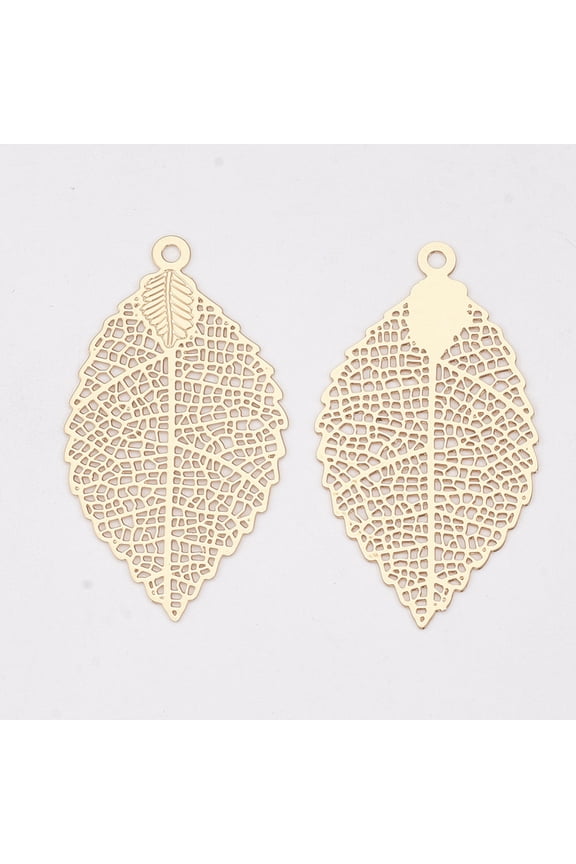 Brass Pendants Etched Metal Embellishments Long-Lasting Plated Leaf Light Gold 39x21.5x0.3mm Hole: 1.6mm