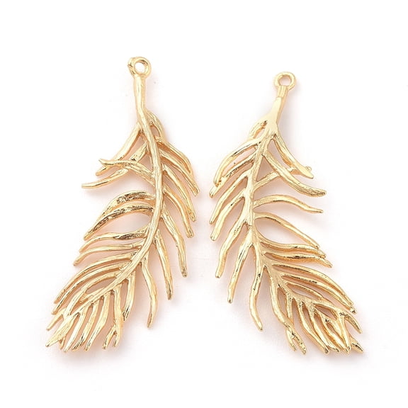 Brass Pendants Feather Nickel Free Real 18K Gold Plated 36~37x15~16x1.5mm Hole: 1.2mm