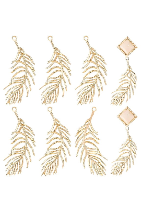Brass Pendants Feather Real 18K Gold Plated 37.5x12.5x1.5mm Hole: 1.2mm 12pcs/box