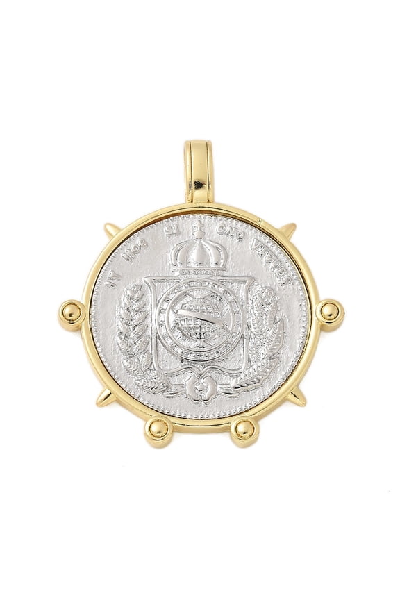 Brass Pendants Flat Round with Coin Rack Plating Cadmium Free & Lead Free Long-Lasting Plated Platinum & Golden 41x36.5x4.5mm Hole: 6.5x3.5mm Brass