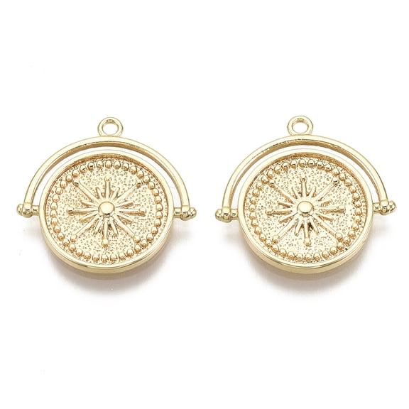 Brass Pendants Flat Round with Sun Nickel Free Real 18K Gold Plated 16.5x17x1.5mm Hole: 1.2mm