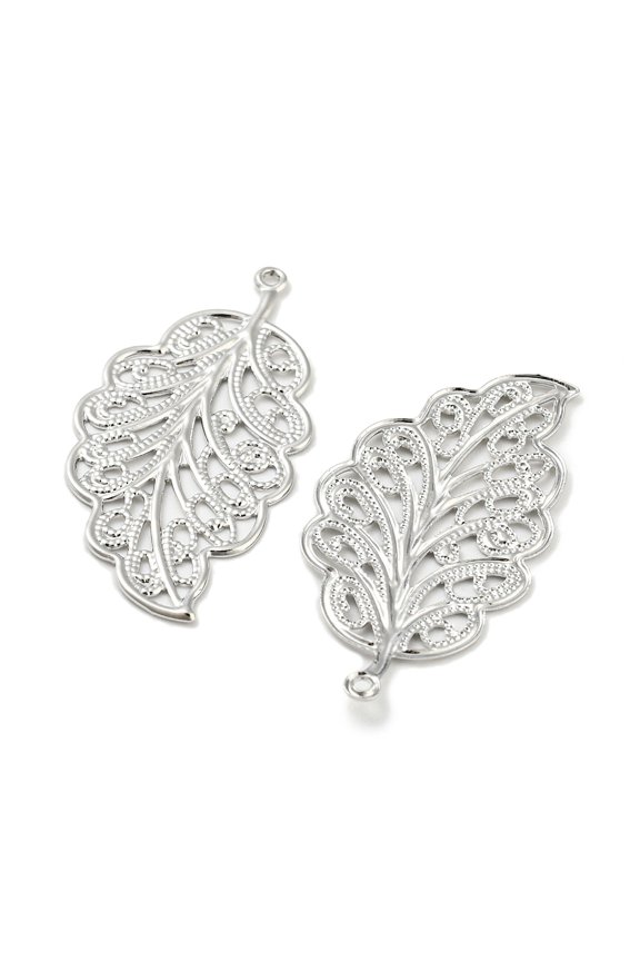 Brass Pendants Leaf Charms Real Platinum Plated 33.5x17x0.5mm Hole: 1mm