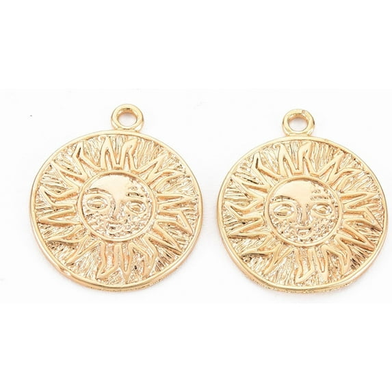 Brass Pendants Nickel Free Flat Round with Sun Real 18K Gold Plated 17x14.5x1mm Hole: 1.4mm