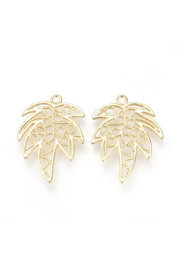 Brass Pendants Real 18K Gold Plated Maple Leaf Golden 28.5x21.5x1.5mm Hole: 2mm
