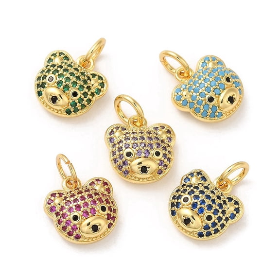 Brass Pendants with Cubic Zirconia Lead Free & Cadmium Free Bear Charms Real 18K golden Plated Mixed color 12.5x12x5mm Hole: 4mm