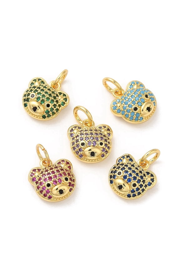 Brass Pendants with Cubic Zirconia Lead Free & Cadmium Free Bear Charms Real 18K golden Plated Mixed color 12.5x12x5mm Hole: 4mm