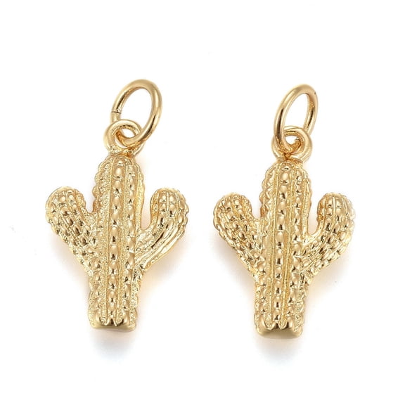 Brass Pendants with Jump Rings Long-Lasting Plated Cactus Real 18K Gold Plated 13.5x9x3mm Hole: 3mm