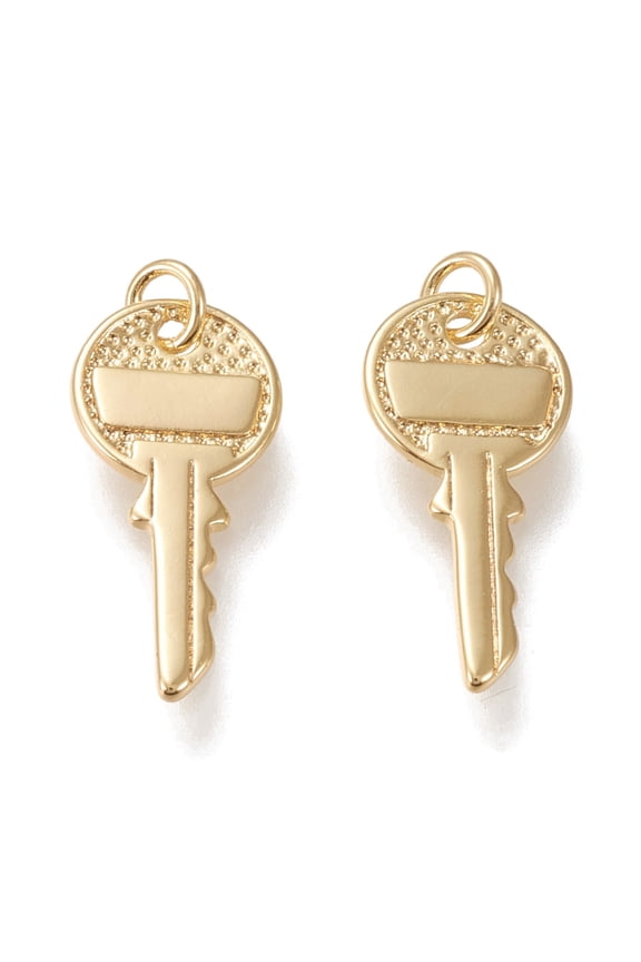 Brass Pendants with Jump Rings Long-lasting Plated Key Golden 19x9x1mm Hole: 2.4mm
