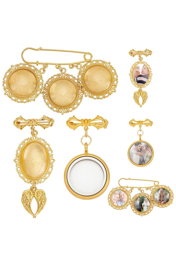 Brass Photo Frame Brooch Kits with Glass Cabochons Golden 54~70mm DIY
