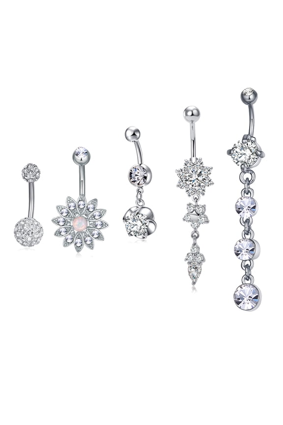 Brass Piercing Jewelry Belly Rings with Glass Rhinestone Mixed Shapes Platinum 22~64mm Bar: 15 Gauge(1.5mm) 5pcs/set Bar Length: 3/8"(10mm)