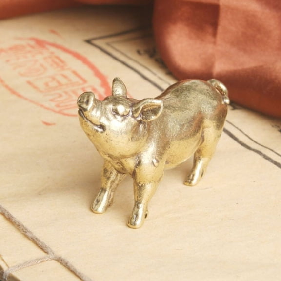 Brass Pig Figurine Solid Animal Statue Desk Decor Home Office Ornament