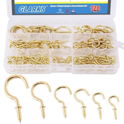 Brass Plated Screw-In Cup Hooks Lag Thread Handy Hooks Assortment 120Pcs 6 S...