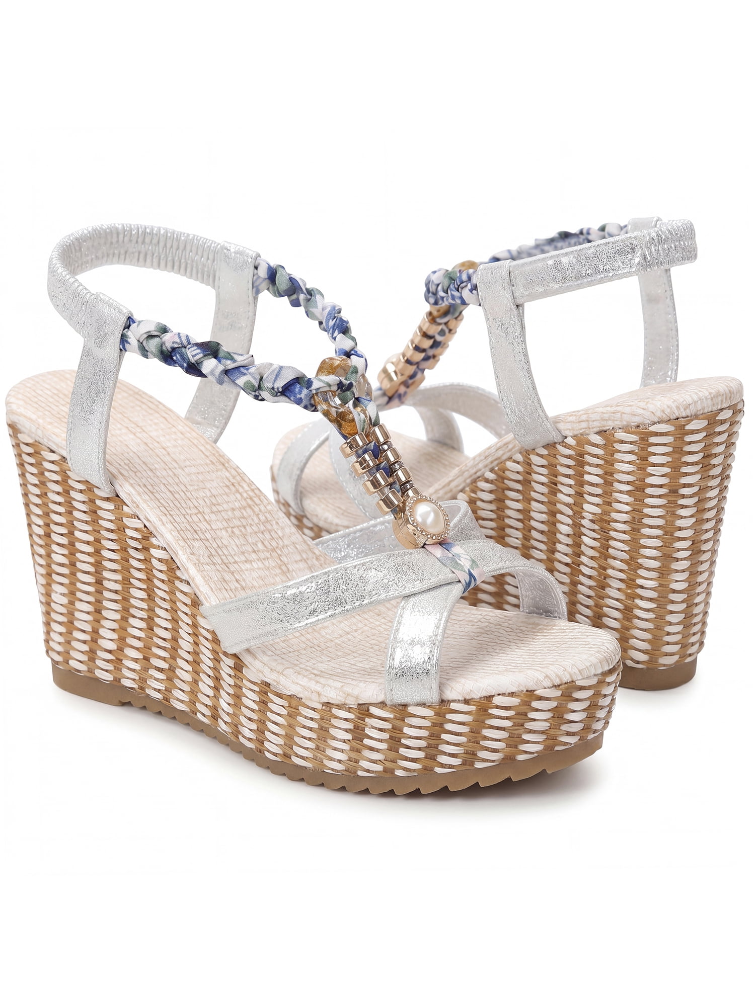 DARING DIVA Women's Stylish Bohemia Pull on Platform Wedge Heel Sandals Silver-1 6