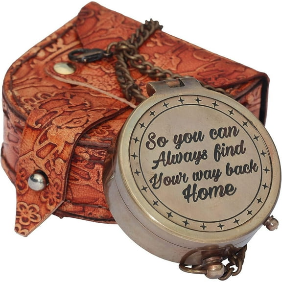 Brass Pocket Compass, Engraved Compass Leather Case SoCamping Compass