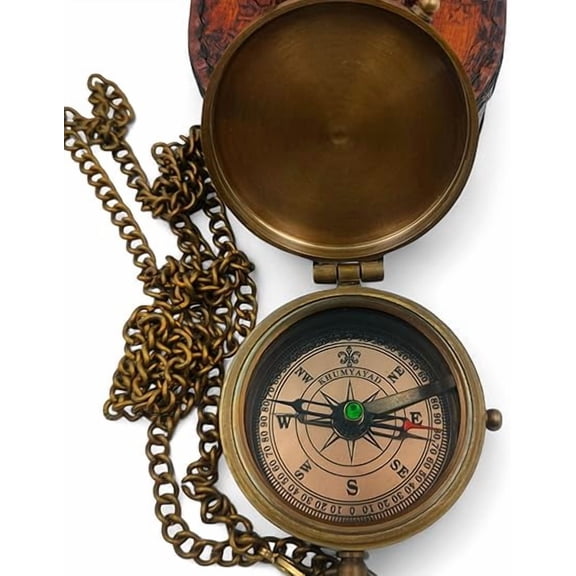 Brass Pocket Compass Hand Made Fully Functional Compass Antique Nautical Replica Item with Leather Case.