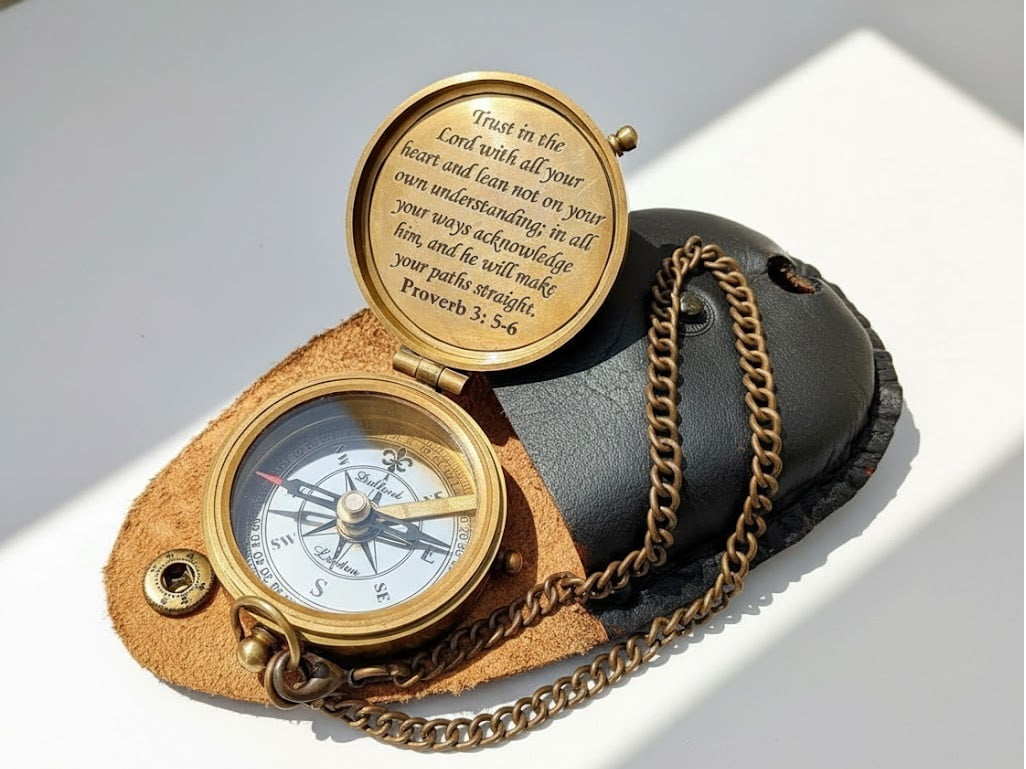 Brass Pocket Compass with Engraved Proverbs 3:5-6 and Leather Case